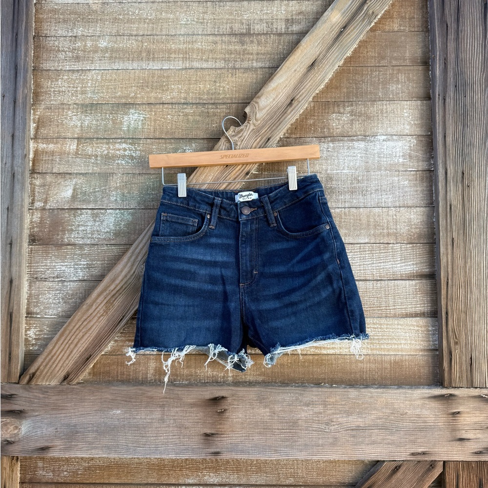 High-Rise Dark Indigo Frayed Hem Denim Shorts - Women's